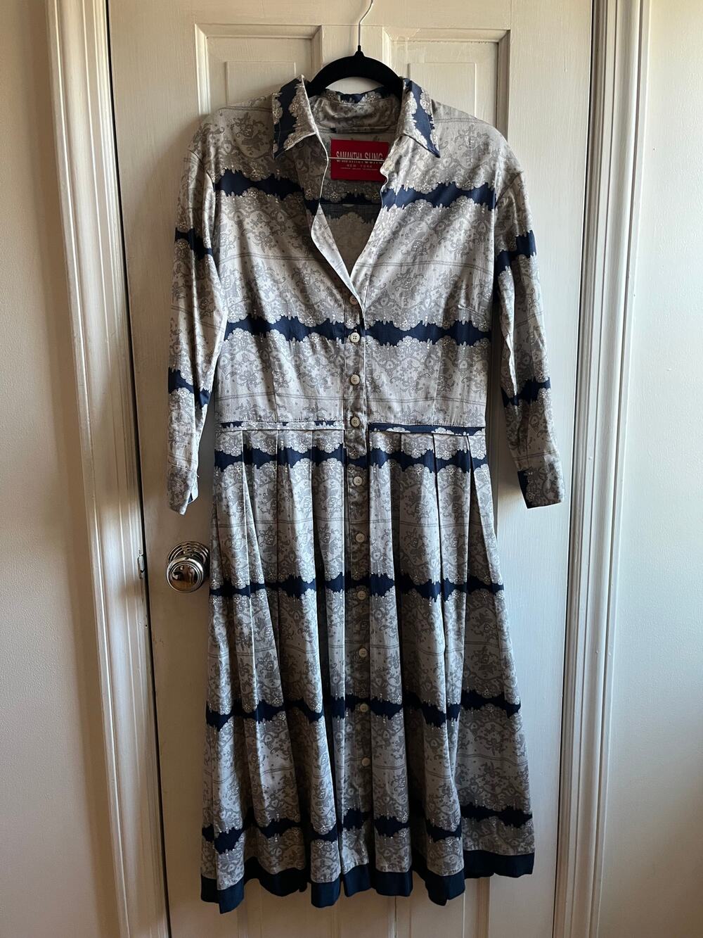 Samantha Sung Audrey Cotton Shirt Dress | Blue & Grey Lace Batik Print | Size 4